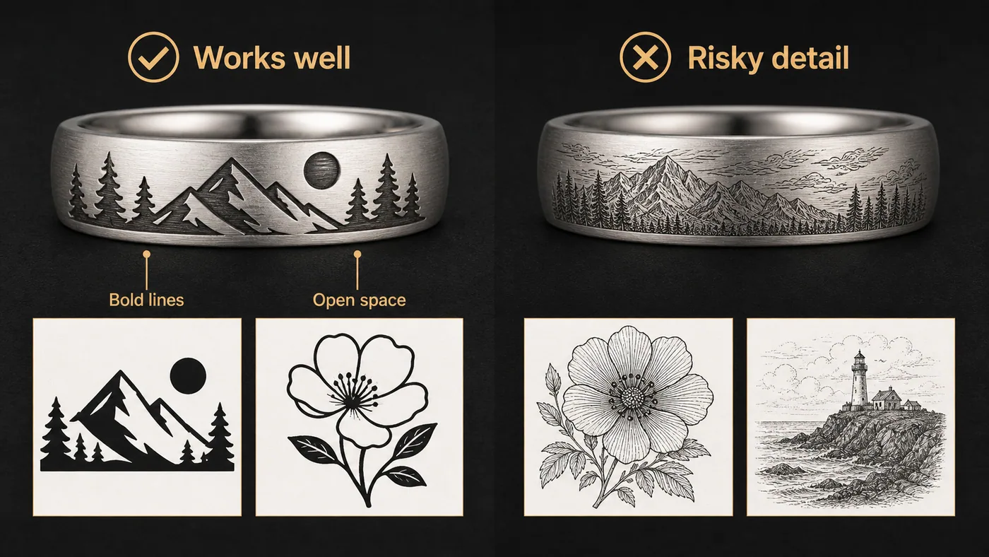 Engraving comparison showing bold ring artwork that reads well next to fine detail that may become risky at ring scale.