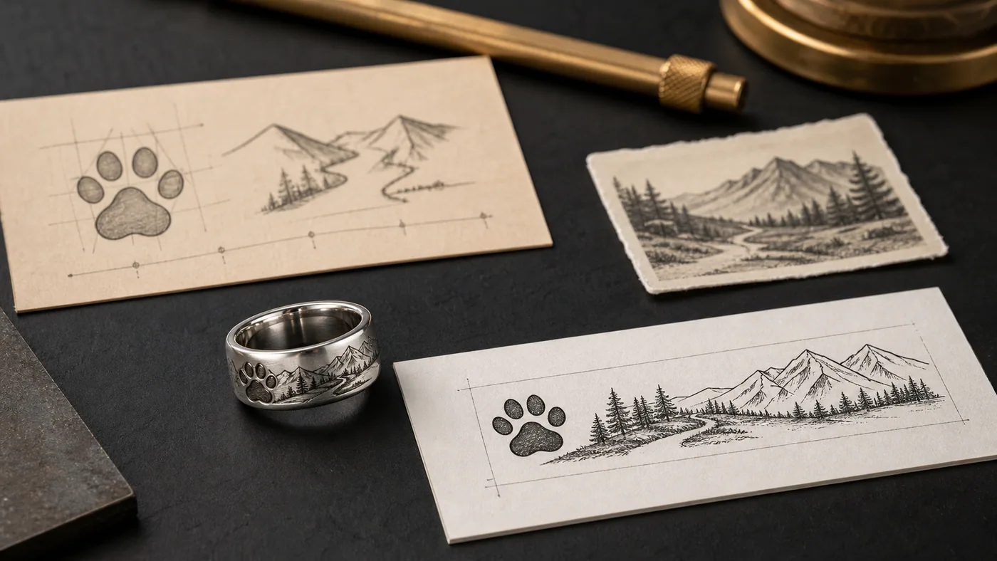 Custom memorial ring planning scene with a silver engraved ring, paw-inspired sketch, landscape art, and flat engraving preview.