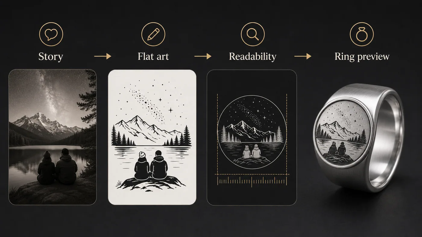 Diagram showing a ring idea moving from story to flat artwork, readability check, and finished ring preview.
