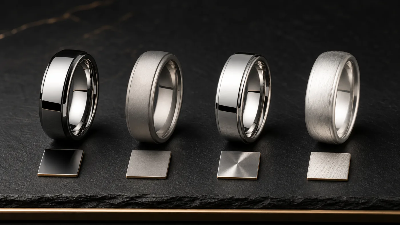Four silver-tone ring materials compared on a dark jewelry surface: tungsten carbide, titanium, stainless steel, and sterling silver.